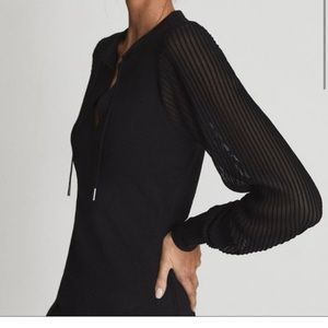 Reiss Black Ribbed Sheer-Sleeve Knit Top